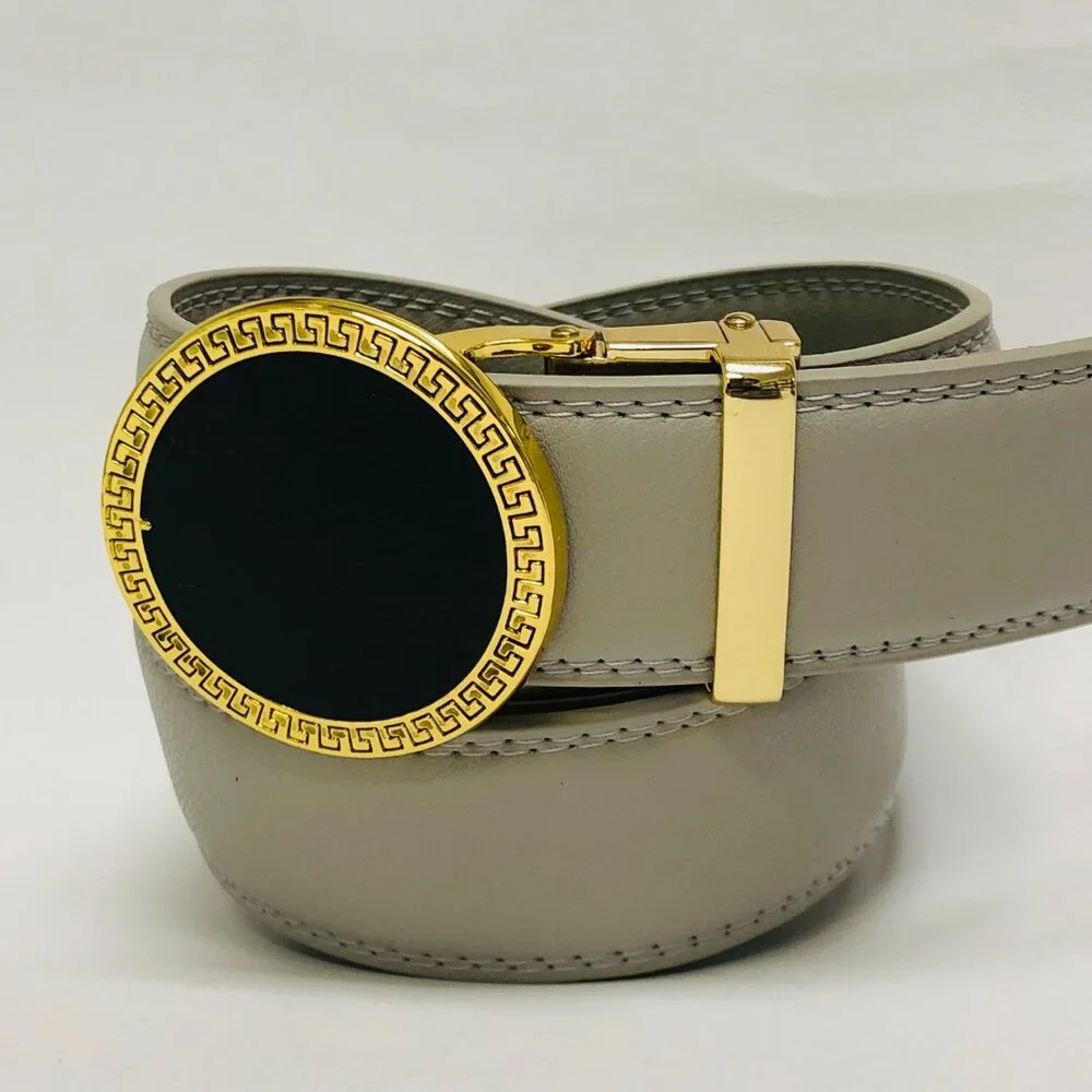 Gray Leather Belt Automatic Buckle Slide Belts NoHole Strep Ratchet Men ALL SIZE